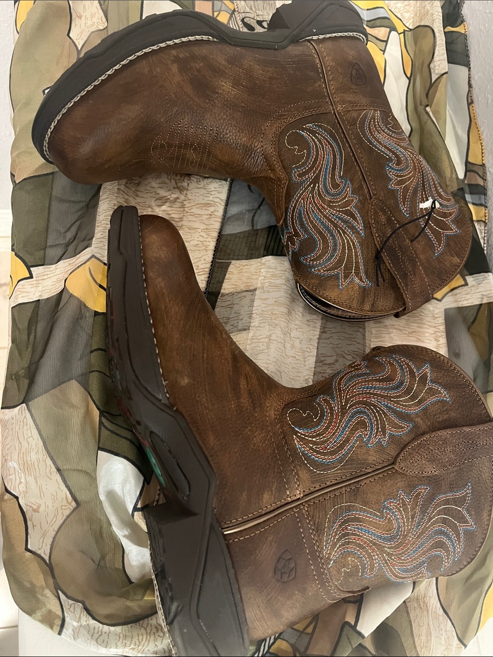 Ariat Brown Leather Cowboy Boots with Multicolor Stitching